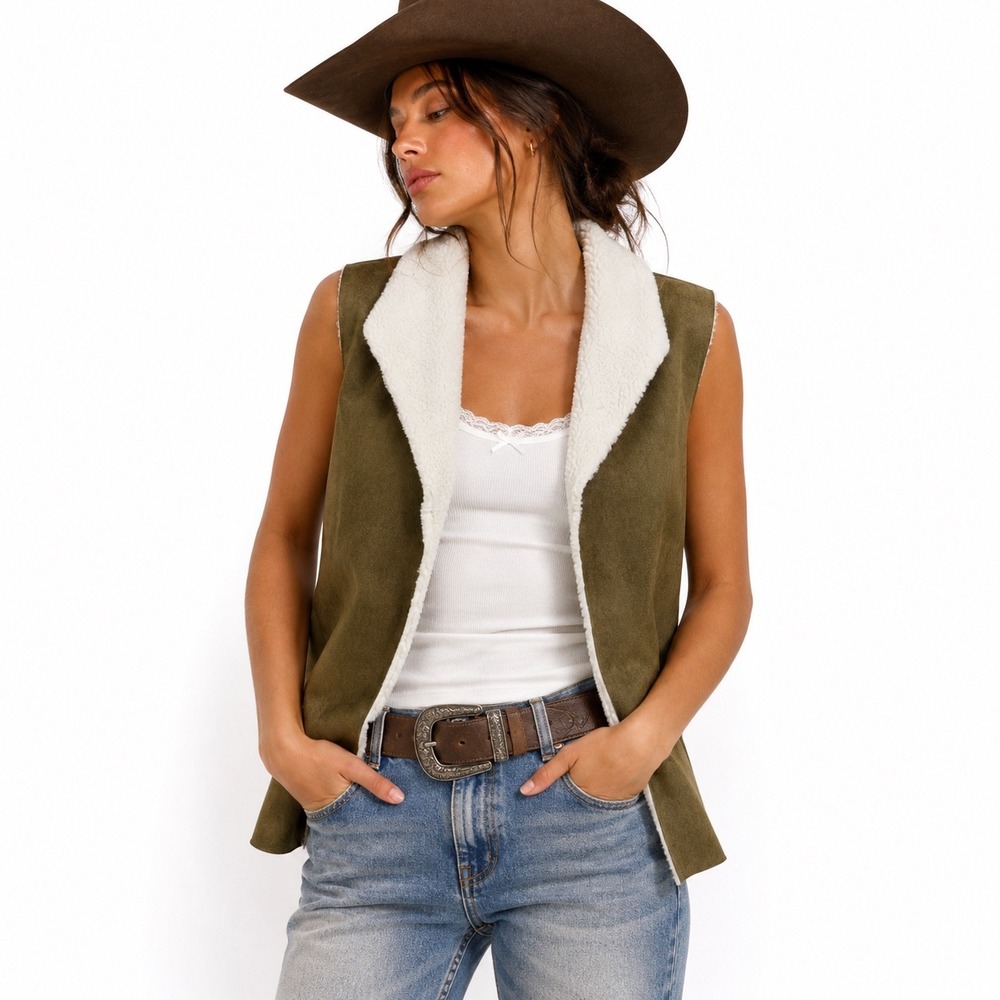 Madison & Lola Women's Brown‎ Green Western Faux Suede Shearling Lined Vest L